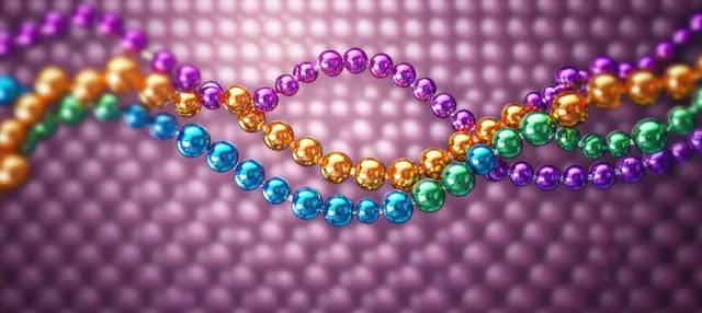 Glossy multicolored spheres twist into intertwined helix patterns on a purple dotted background.