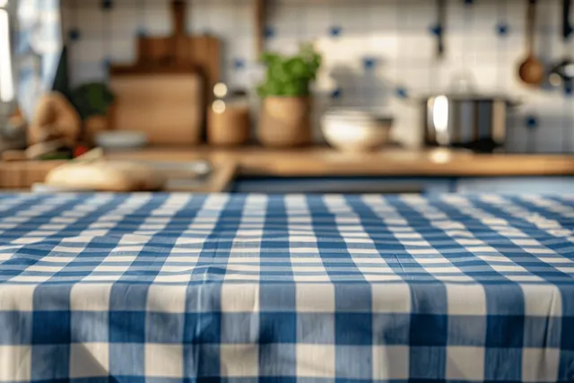 Blue and white checkered tablecloth draped across a kitchen counter with blurred fruit