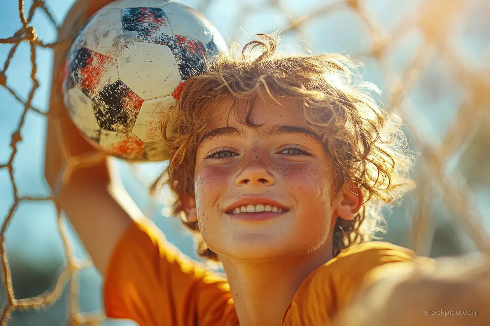 Smiling child soccer player holds a colorful ball beside the goal net under bright sunny light.