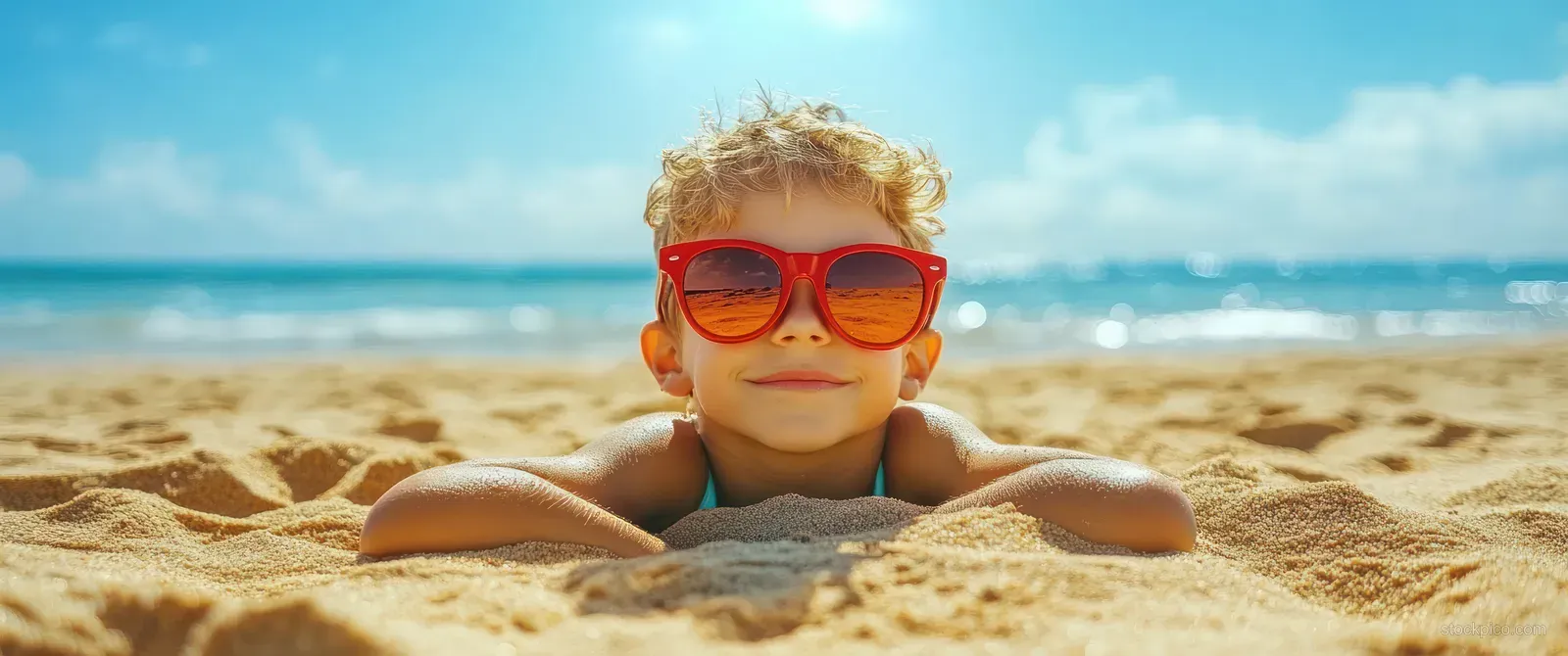 A young boy relaxes on a sunny beach, wearing red sunglasses while lounging in golden sand with a bright ocean backdrop.