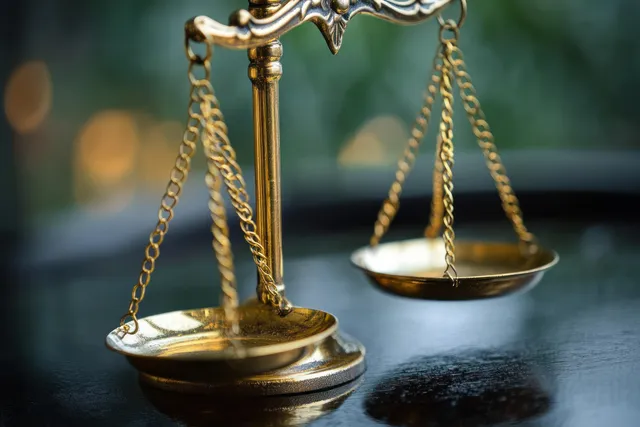 A golden balance scale sits on a dark table with soft reflections and a blurred background.