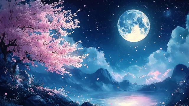 A blooming cherry blossom tree stands beside distant mountains under a glowing full moon in a serene watercolor nightscape.