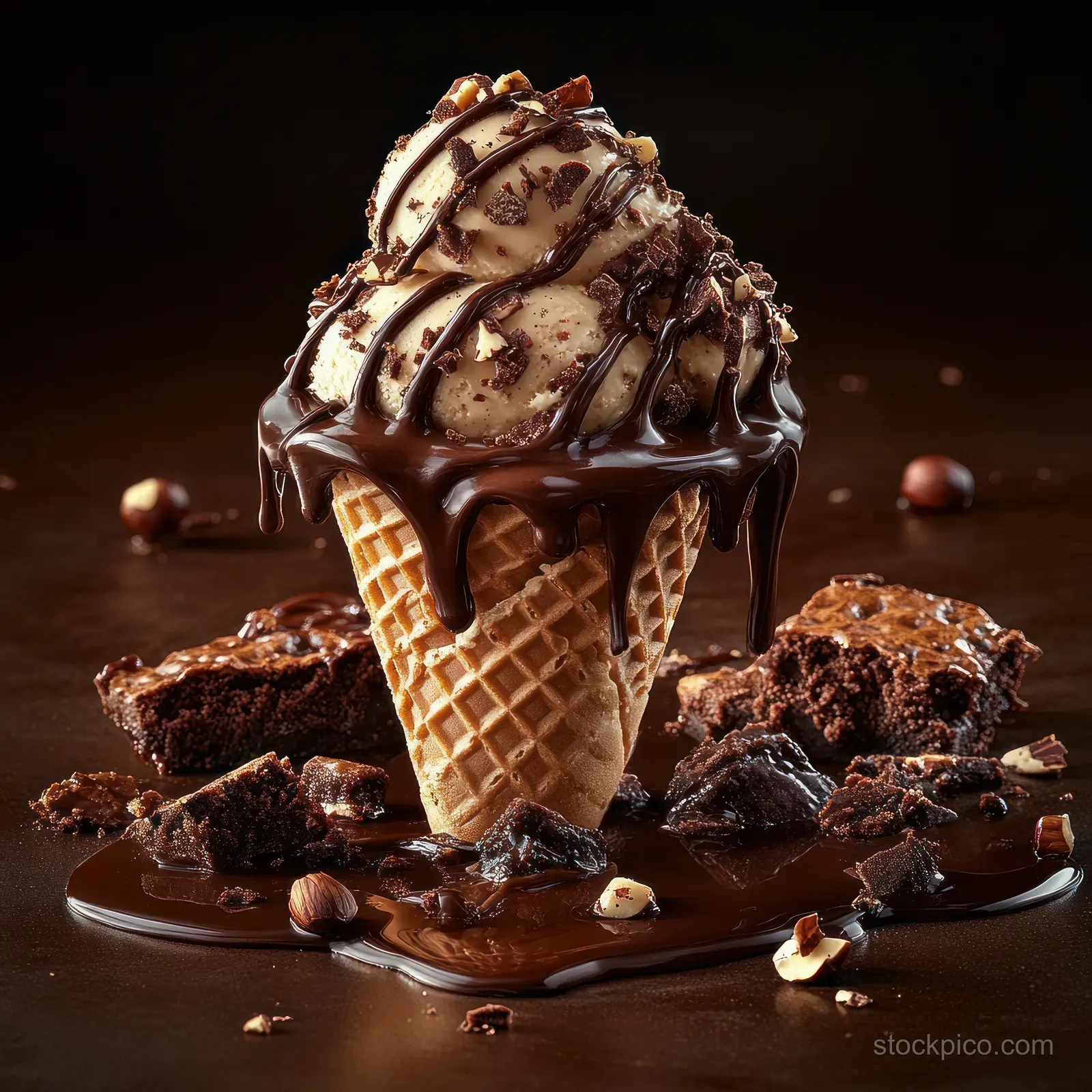 Vanilla ice cream cone drizzled with melted chocolate, with nuts and broken brownie pieces on a dark surface.