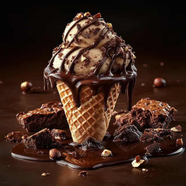 Vanilla ice cream cone drizzled with melted chocolate, with nuts and broken brownie pieces on a dark surface.