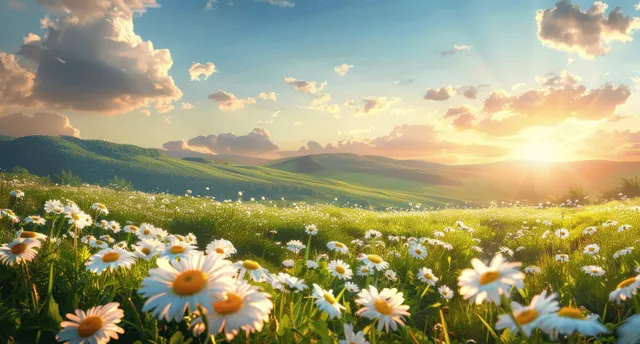 White daisies sway in a green meadow foreground while a golden sunset glows over rolling hills.