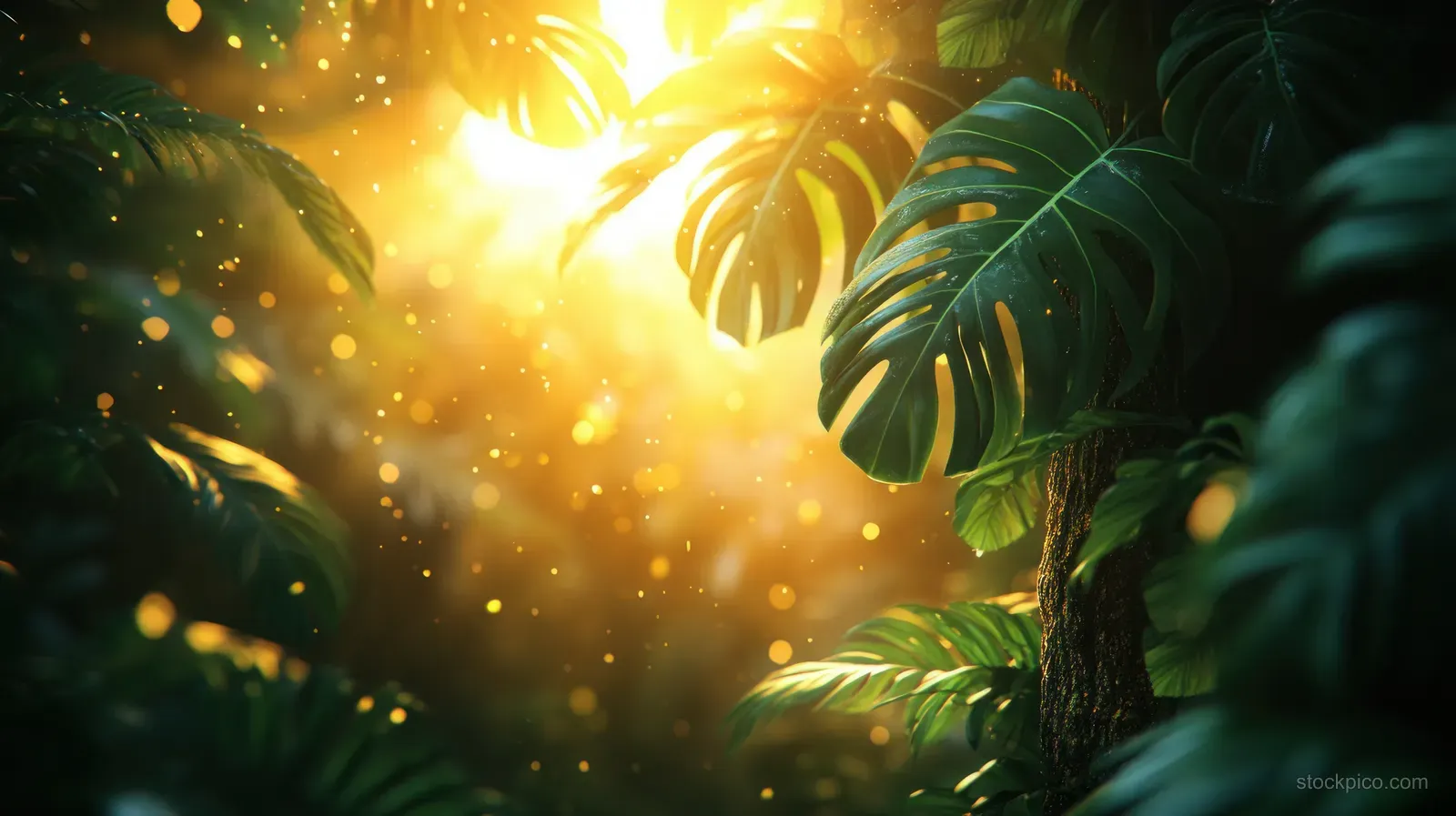 Sunlight beams through tropical rainforest leaves, illuminating a Monstera cluster beside a textured tree trunk.
