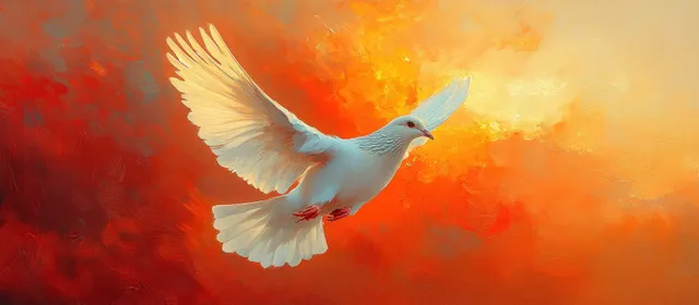 White dove soaring through vibrant sunset clouds in impressionist watercolor style