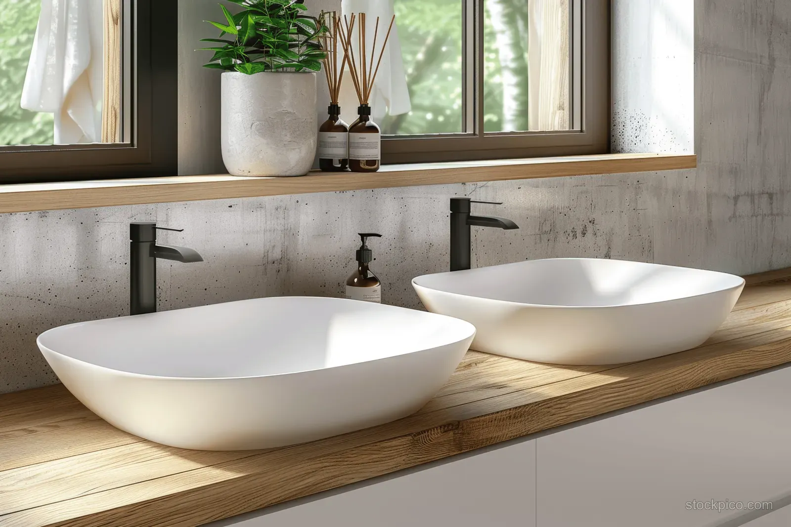Two white vessel sinks sit on a wooden bathroom counter with chrome and black faucets under window light.
