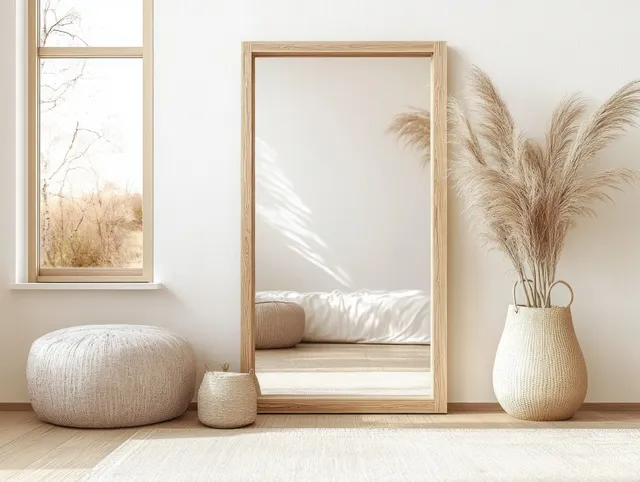 Wooden frame mirror in a bright Scandinavian bedroom with neutral bedding, cushions, pampas grass, and window light.