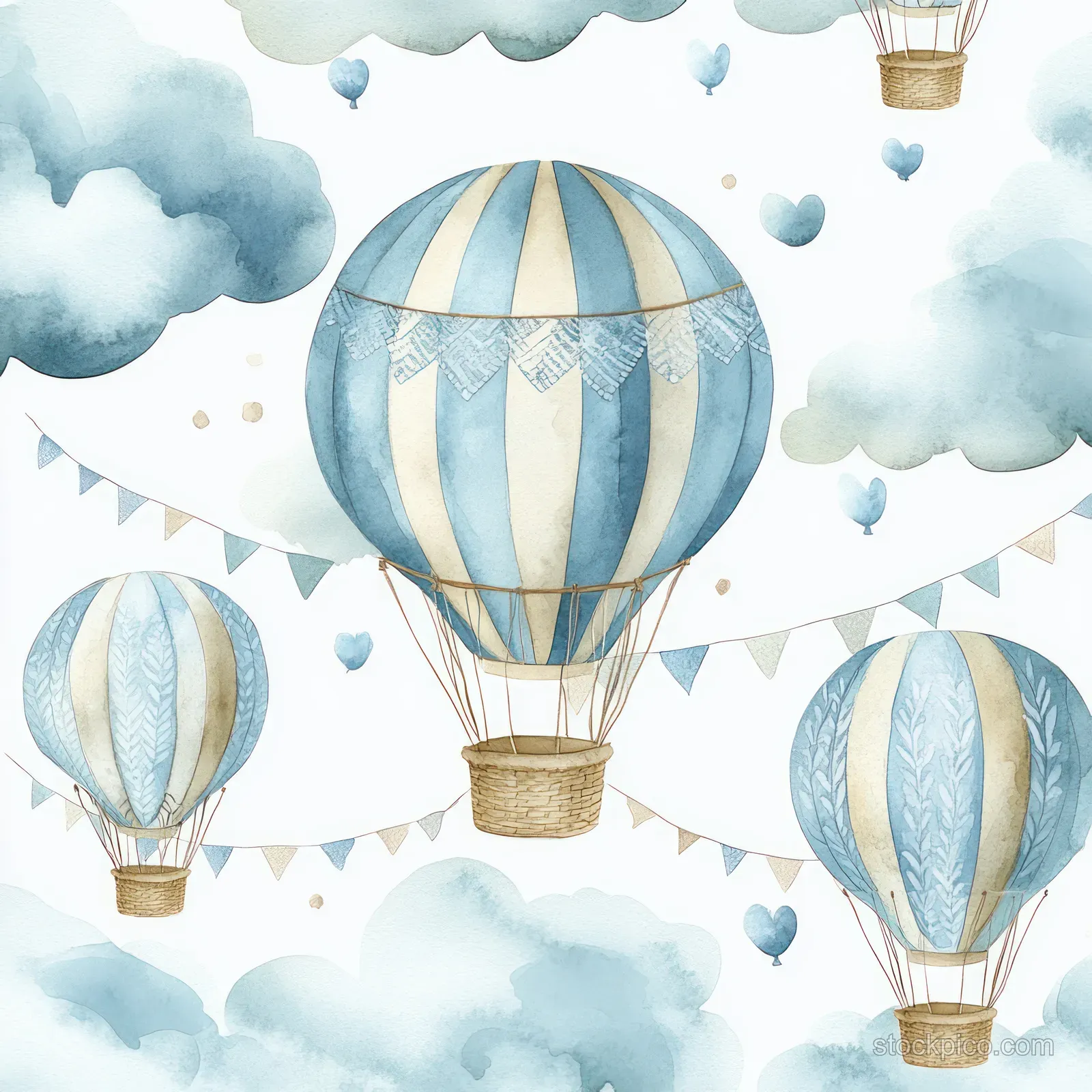 Watercolor style hot air balloons float above pastel clouds in a repeating sky pattern with stars and kites.