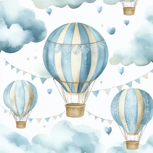 Watercolor style hot air balloons float above pastel clouds in a repeating sky pattern with stars and kites.