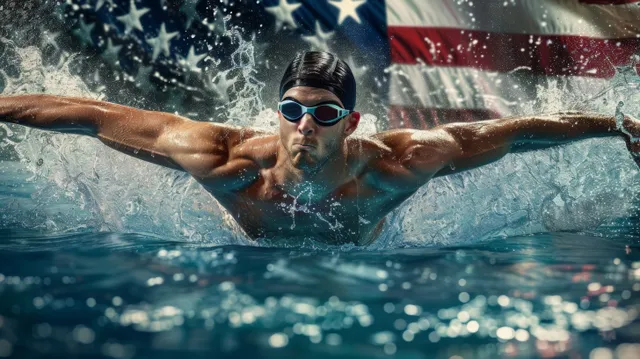 A male swimmer’s arms churn water during a butterfly stroke in a pool with an American flag behind.