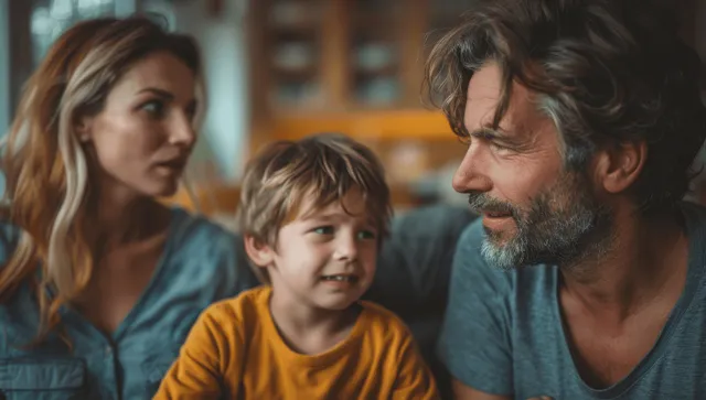 A crying toddler shouts in a living room while parents look exhausted and distressed.
