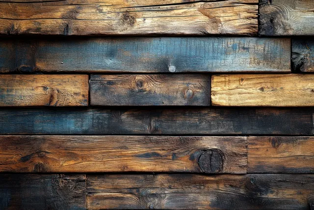 Weathered wooden planks close-up with warm shadows and visible grain texture backdrop