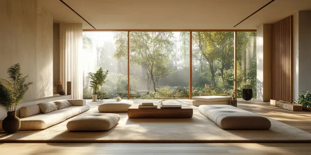 Sunlit minimalist living room with gray sofa, beige cushions, low wooden table, and large windows with trees outside.