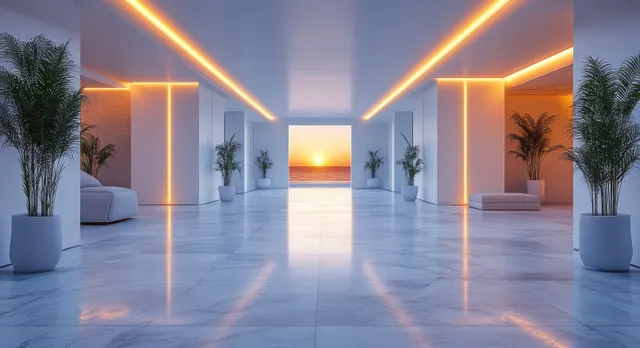 A minimalist white studio with smooth walls, square ceiling lamps, and soft lighting creates a calm, symmetrical atmosphere.