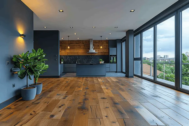 Spacious modern kitchen with wooden floor, dark cabinets, and panoramic windows overlooking city
