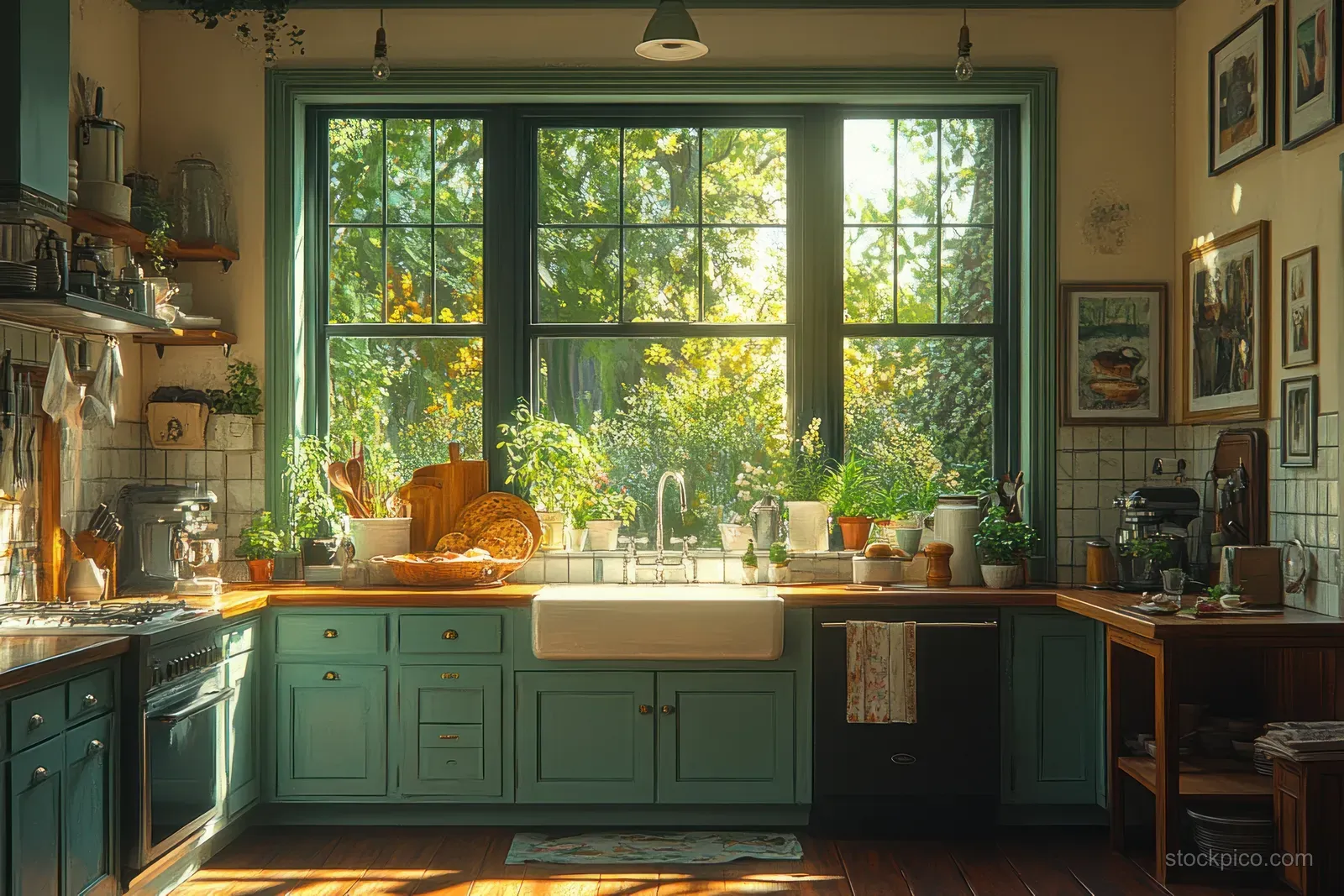 Mother serves breakfast at a home kitchen table while children laugh in warm morning sunlight.