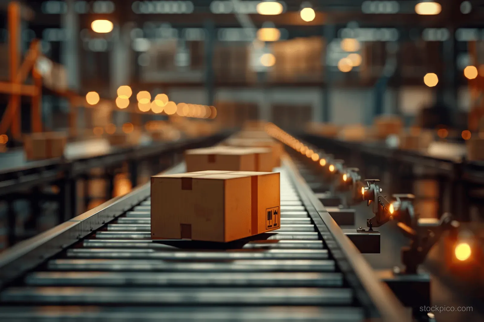 A brown cardboard parcel travels on a warehouse conveyor belt while the background blurs into warm bokeh lights.