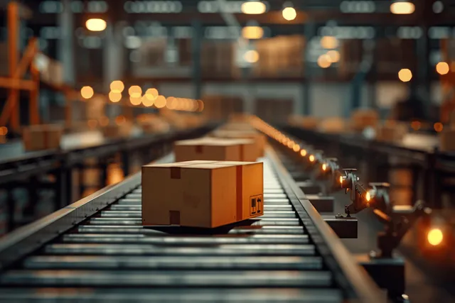 Cardboard parcel box moves along conveyor belt in warehouse fulfillment center with light bokeh