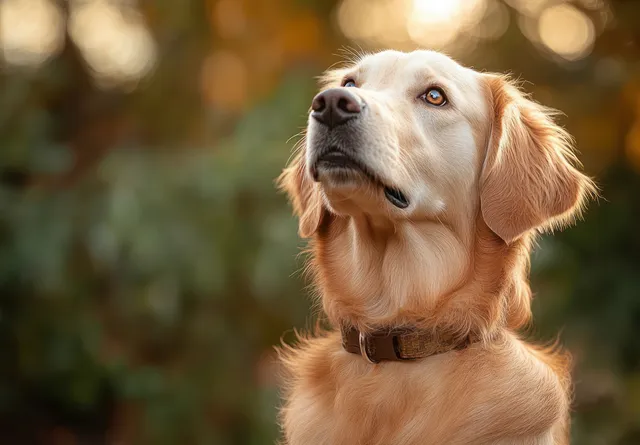 Golden retriever portrait outdoors, looking upward attentively with soft fur and blurred autumn foliage