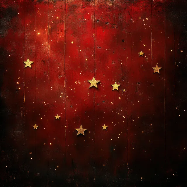 Golden stars float across a textured deep red Christmas background with warm glowing dust and vignette.