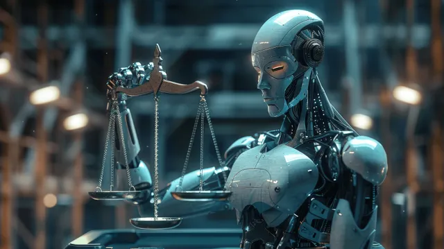 Humanoid robot judge in a futuristic courtroom weighs a justice scale as holographic ethics compliance data glow around.