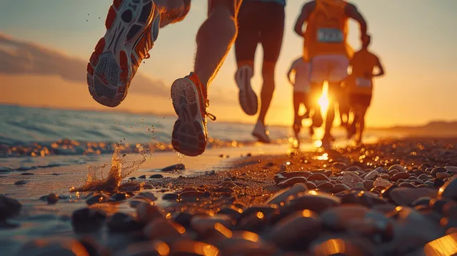 Low-angle close-up of runners’ feet sprinting on a beach at sunset, race numbers visible