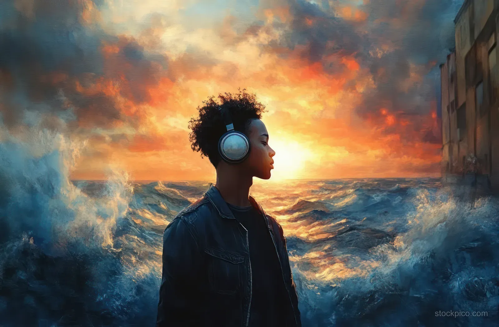 A young person with headphones stands by turbulent ocean waves during a vivid sunset with dramatic clouds.