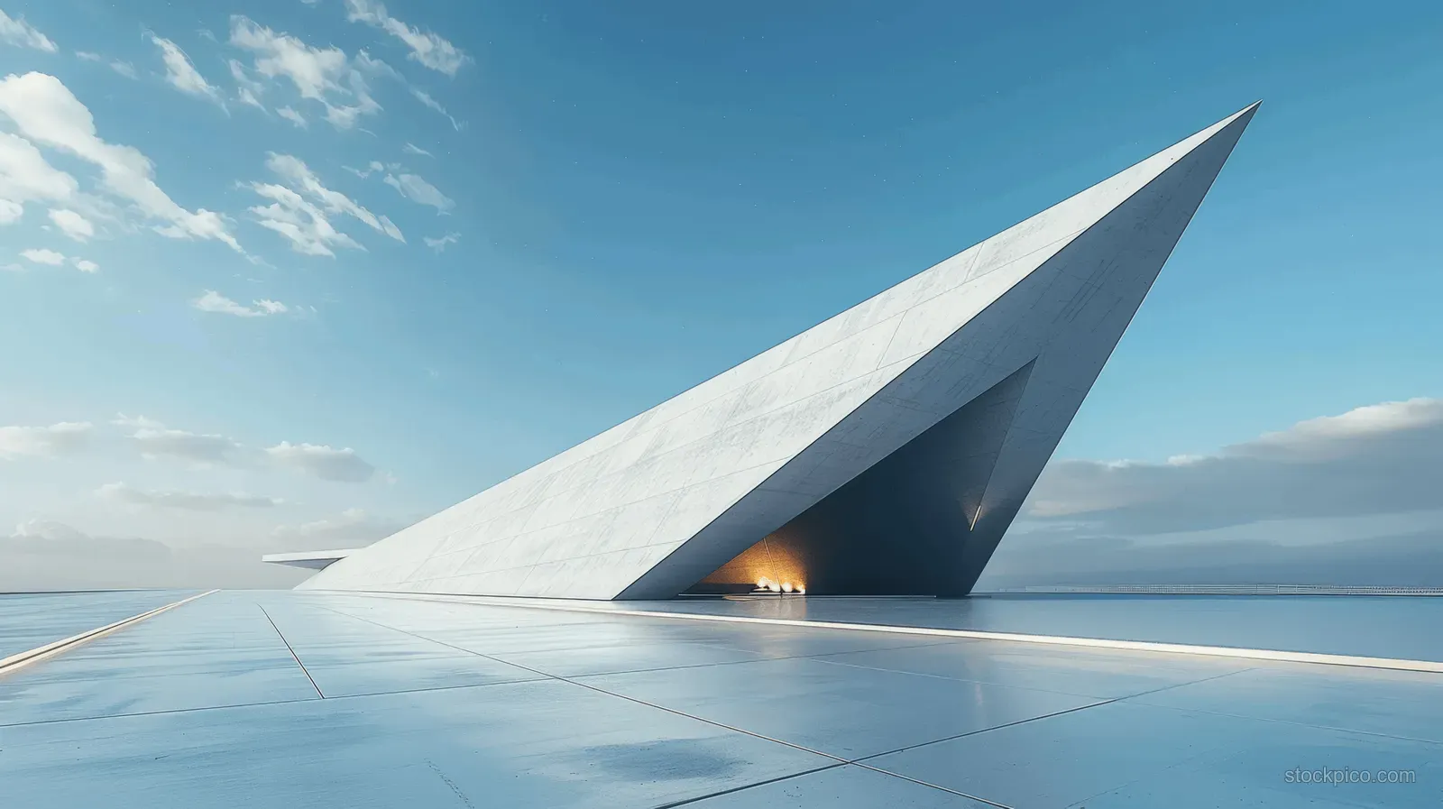 Low-angle view of a white triangular concrete pavilion casting shadows on flat asphalt under a blue sky.