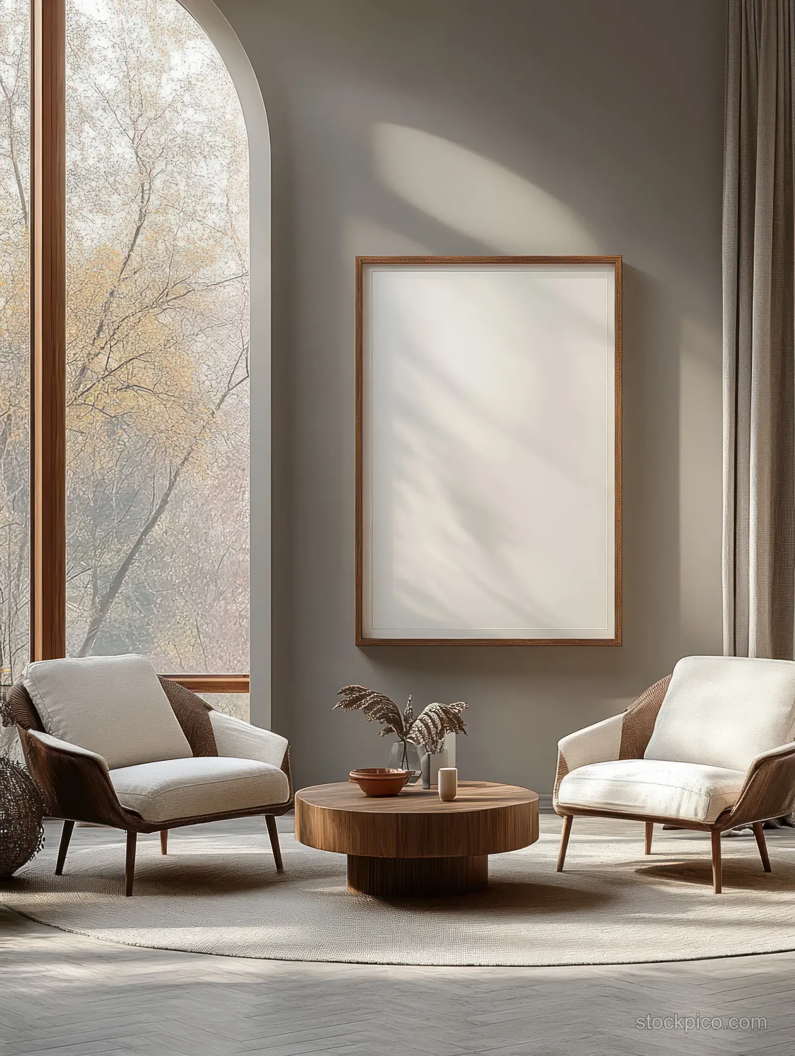 Two light armchairs face a round wooden coffee table beside framed wall art in a sunlit Scandinavian living room.