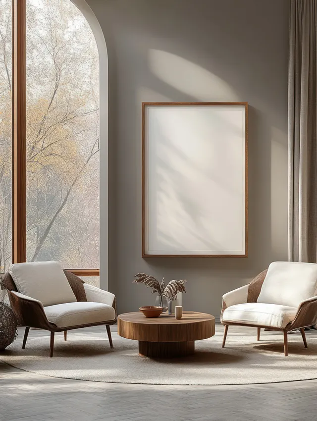 Two light armchairs face a round wooden coffee table beside framed wall art in a sunlit Scandinavian living room.