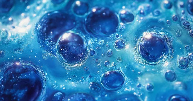 Translucent blue bubbles clustered on a wet liquid surface, macro reflections and iridescence