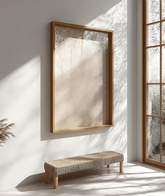 A minimalist wooden picture frame hangs on a light wall with sunlit shadow stripes across the room.