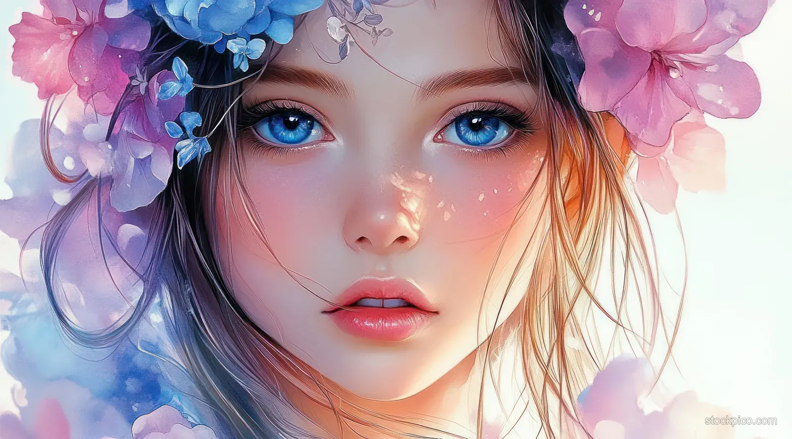 Close-up portrait of a young woman with blue eyes wearing pastel pink and purple flower accents.