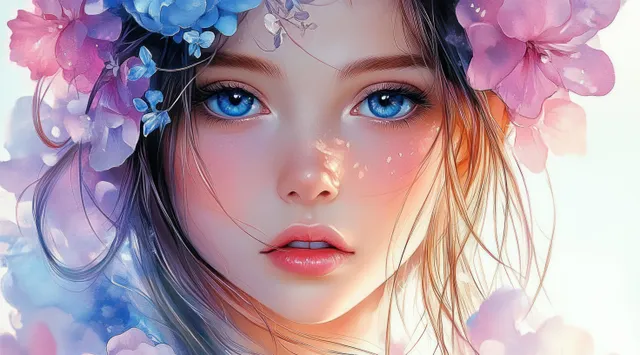 Close-up portrait of a young woman with blue eyes wearing pastel pink and purple flower accents.