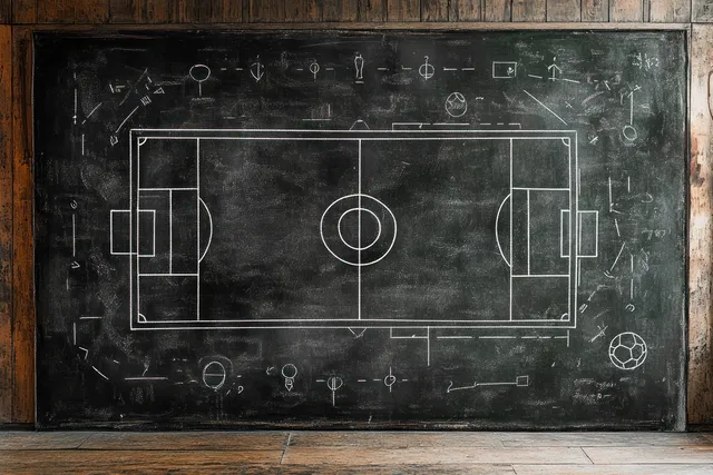 A weathered chalkboard in a wooden frame shows a soccer field diagram with tactical markings and goal areas.