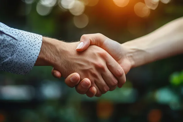 Business partners shake hands in a modern coworking space with a blurred startup team behind them.