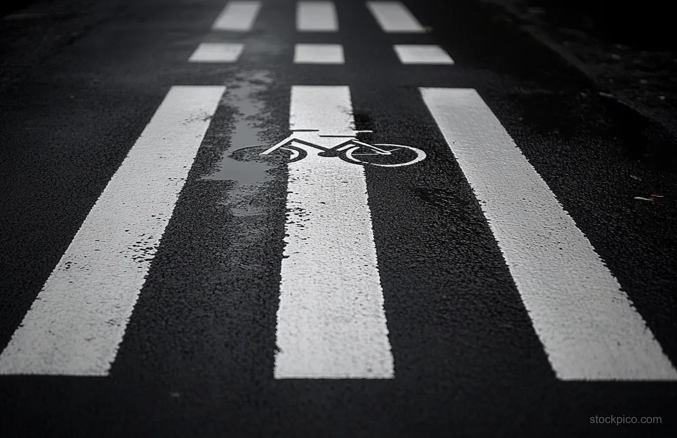 Wet asphalt crosswalk close-up with white stripes and a bicycle lane symbol reflecting light.