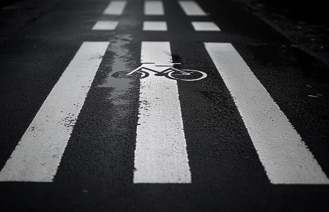Wet street crosswalk with bicycle lane marking and white stripes in close-up view