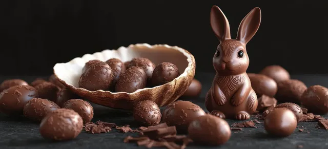 Chocolate bunny figurine and glossy chocolate eggs arranged on a dark surface with chocolate shavings.