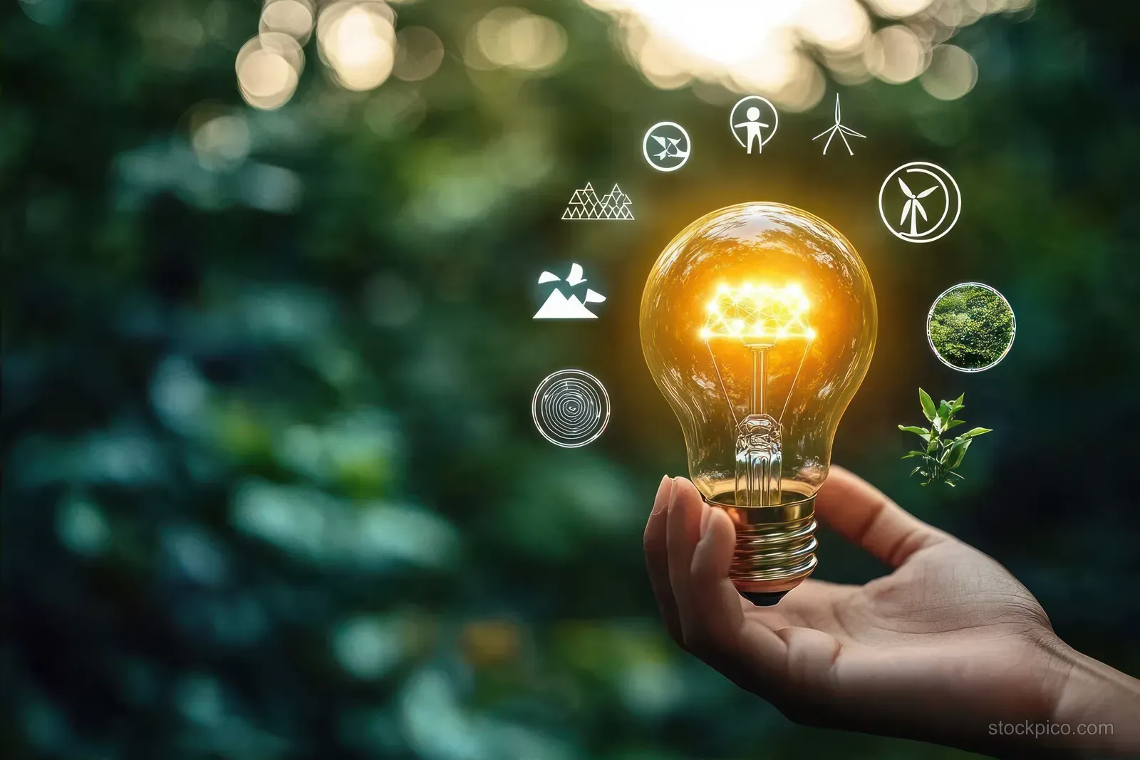 A hand holds a glowing light bulb with floating green renewable energy and leaf icons over a forest background.