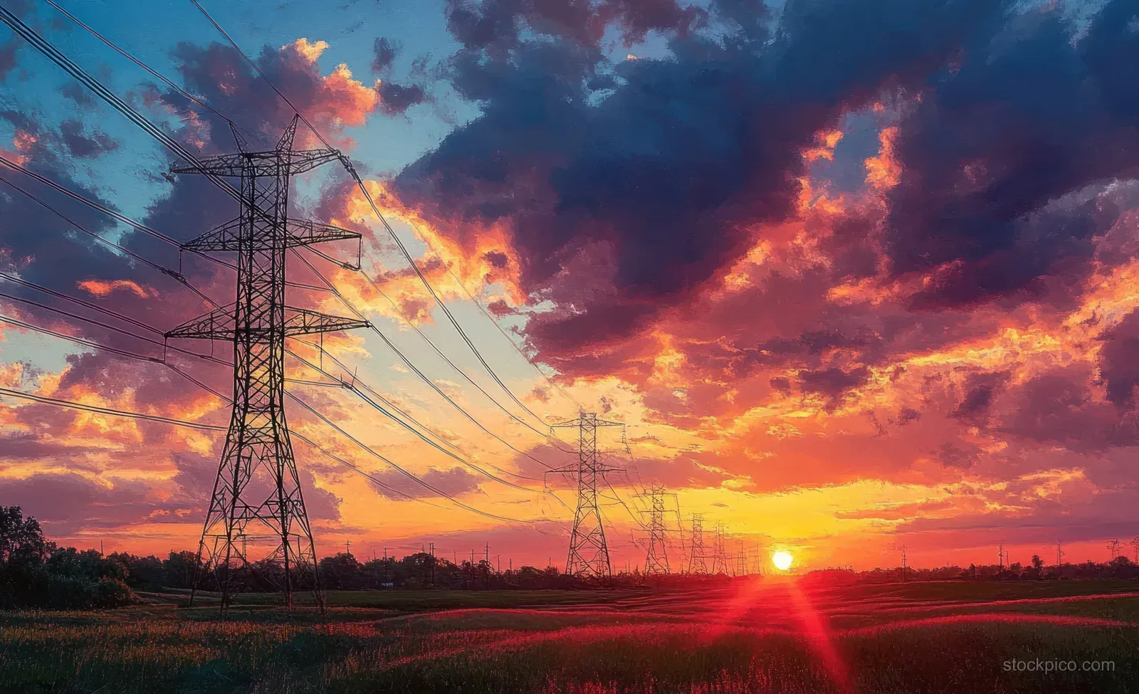 Electric transmission towers with power lines stand across a field under a colorful sunset sky.