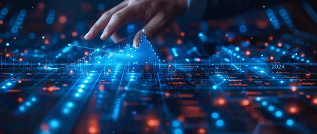 Businessman touching holographic growth graph on digital dashboard planning 2024 strategy