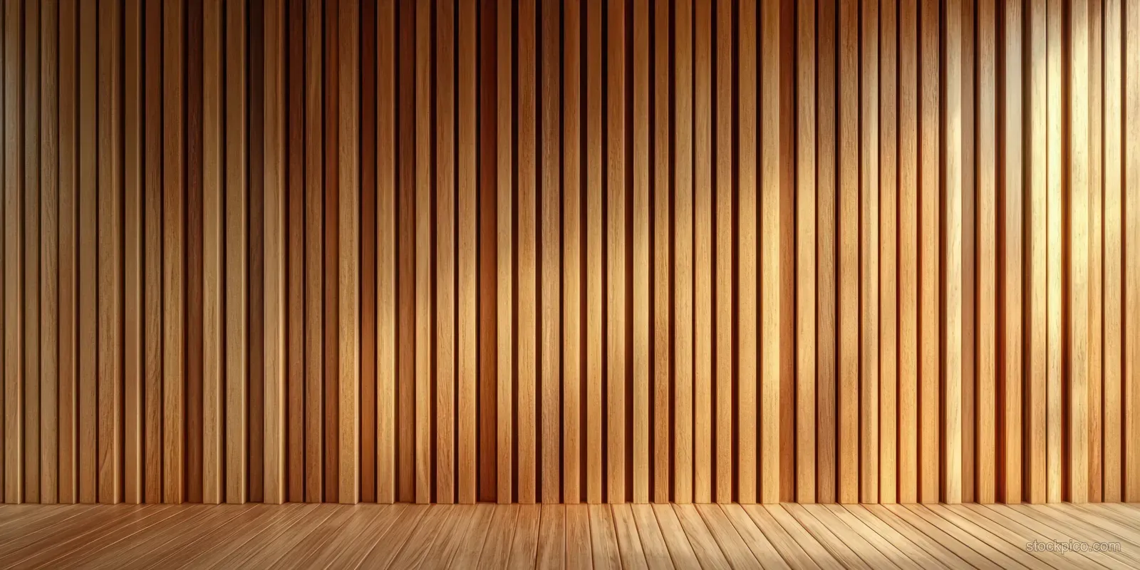 Empty interior room with vertical wooden wall slats and warm sunlight casting soft shadows onto the wood floor.