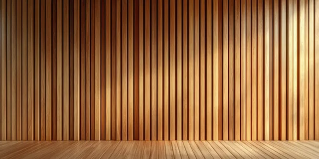 Empty interior room with vertical wooden wall slats and warm sunlight casting soft shadows onto the wood floor.