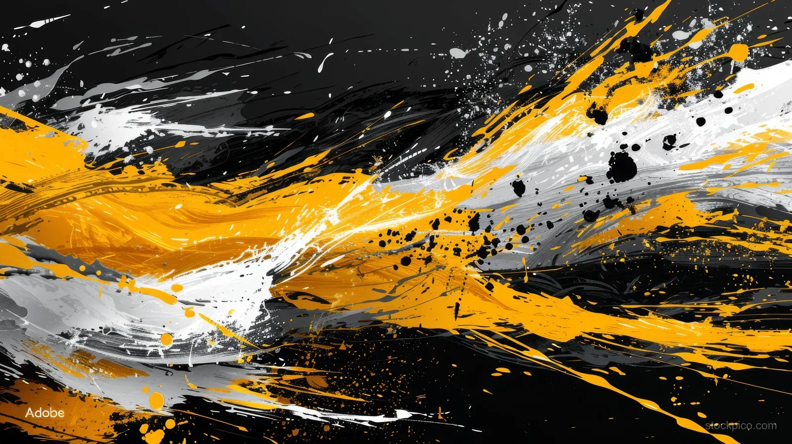 Yellow and white paint splashes and streaks sweep across a black abstract background.
