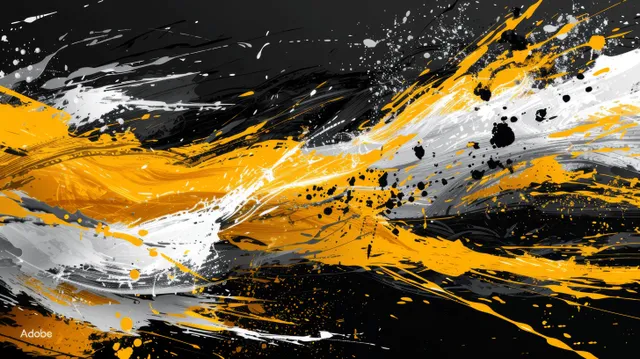 Yellow and white paint splashes across a black abstract canvas with bold brush strokes