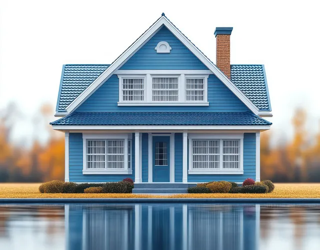 Blue two-story house with white trim reflected in still water beside autumn trees and shrubs.