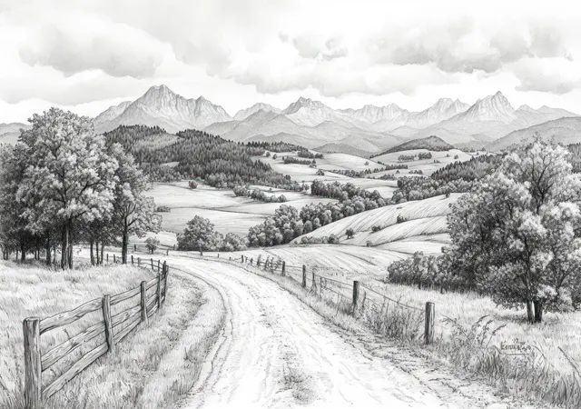 Monochrome ink drawing depicts a winding countryside road, fenced fields, trees, and distant mountains beneath cloudy sky.